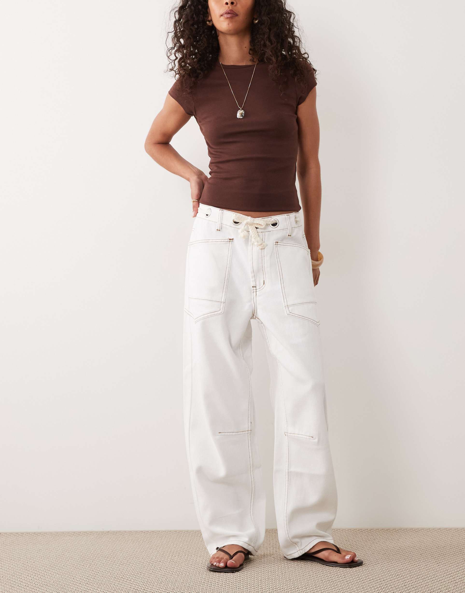 lioness rush hour straight leg tie detail jeans in white