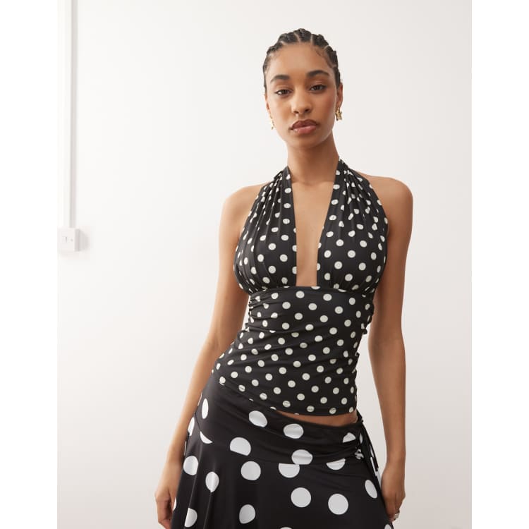 Lioness Safari slinky plunge halterneck top in black polka dots