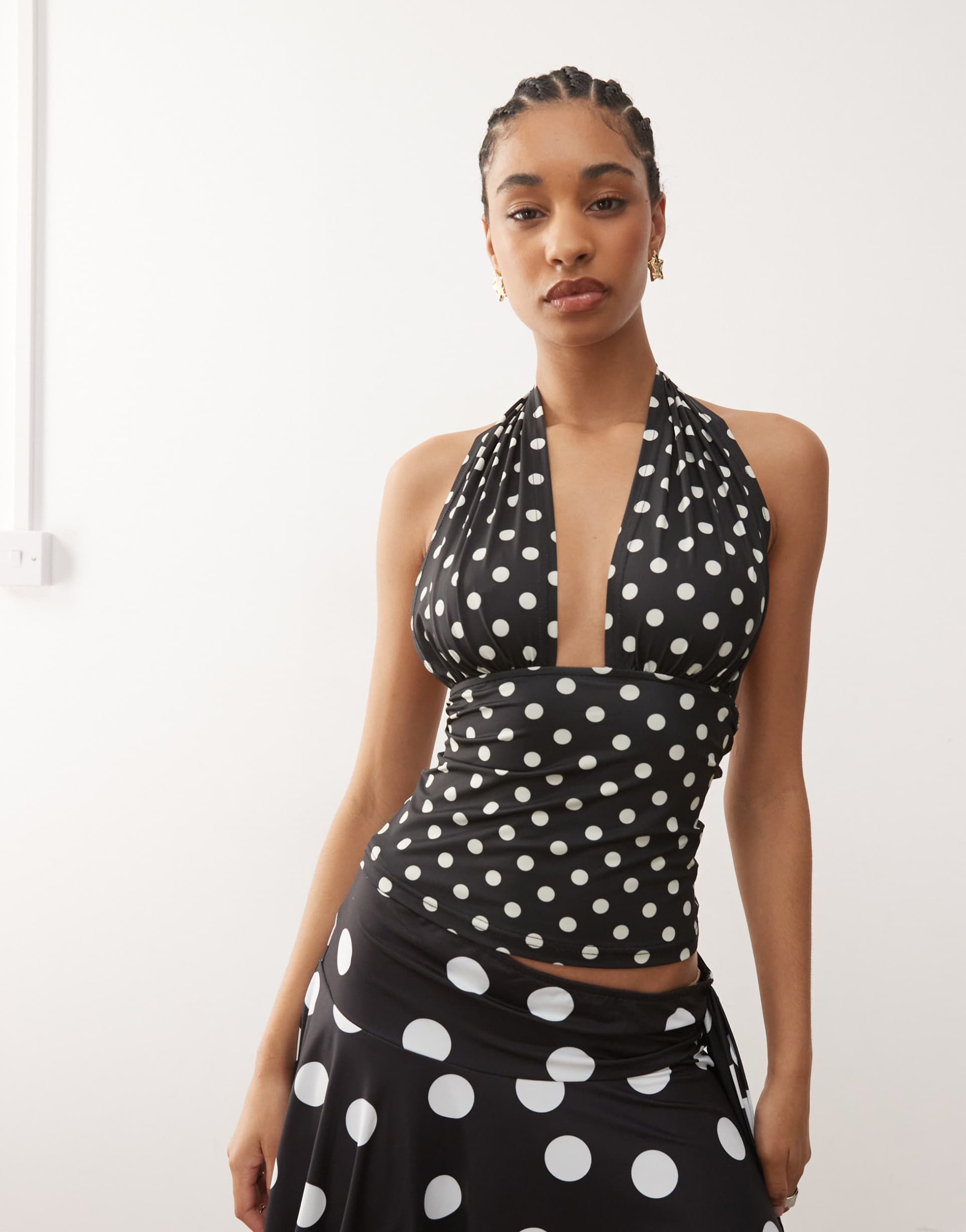 lioness safari slinky plunge halterneck top in black polka dots - part of a set