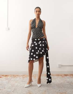 Lioness Lioness Safari slinky waist drape detail asymmetric midi skirt co-ord in black polka dot-Multi