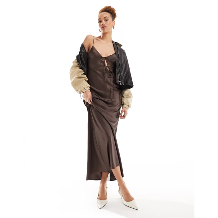 Lioness satin asymmetric tie detail cami maxi dress in brown | ASOS