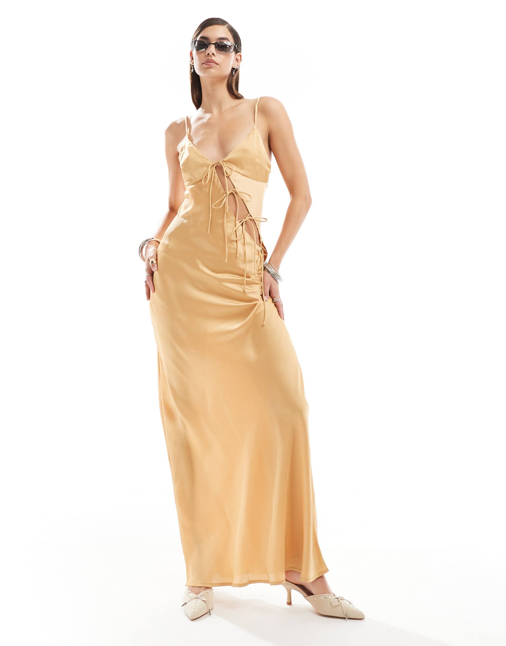 lioness satin asymmetric tie detail cami maxi dress in gold