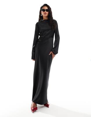 Lioness satin button through cut out maxi dress in black - view 1