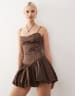 Lioness satin corset detail puffball mini dress in brown | ASOS