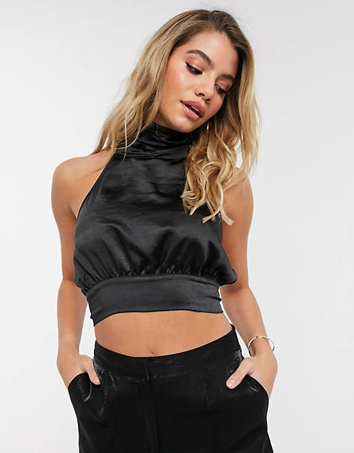 Lioness satin high neck backless crop top in black | ASOS