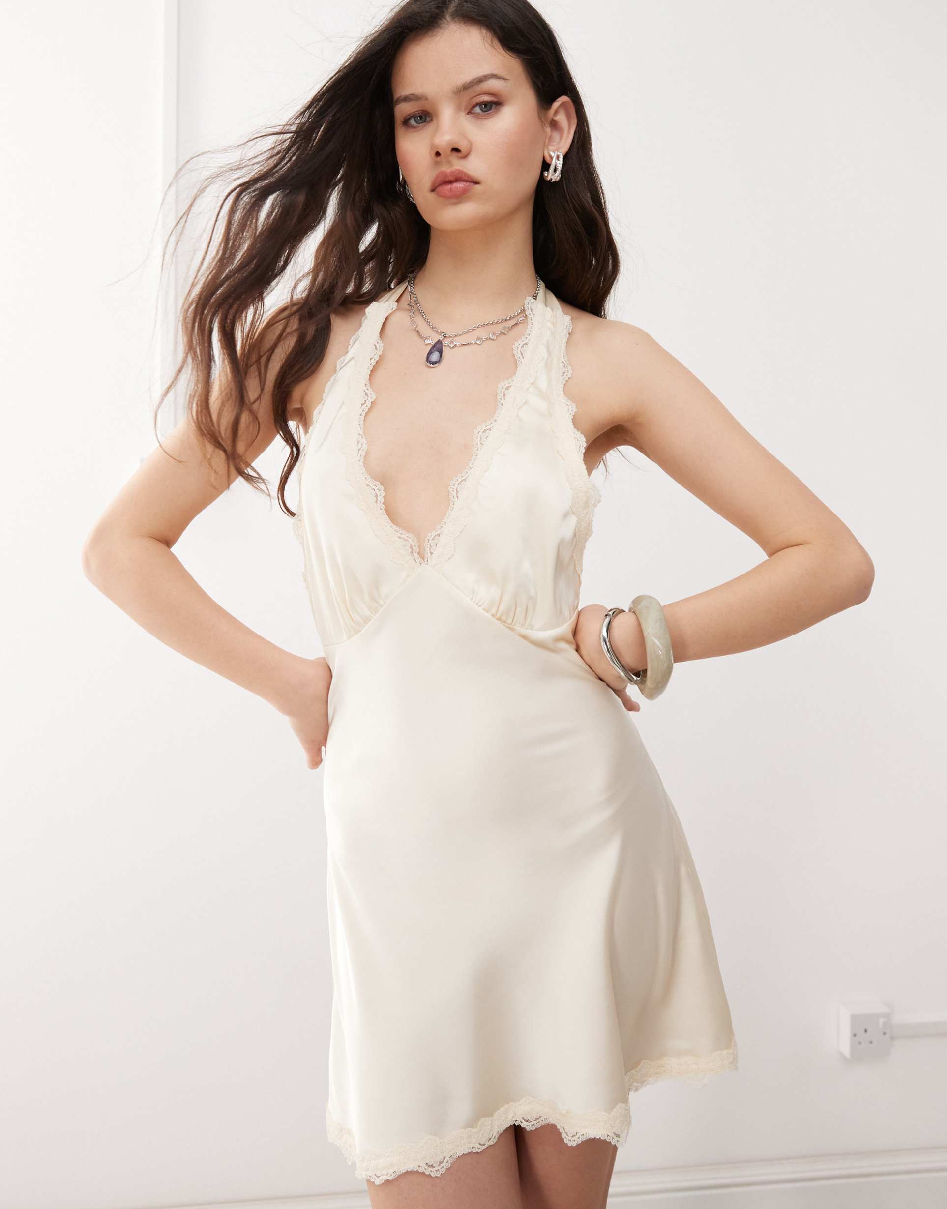 lioness satin lace trim halterneck plunge mini slip dress in cream