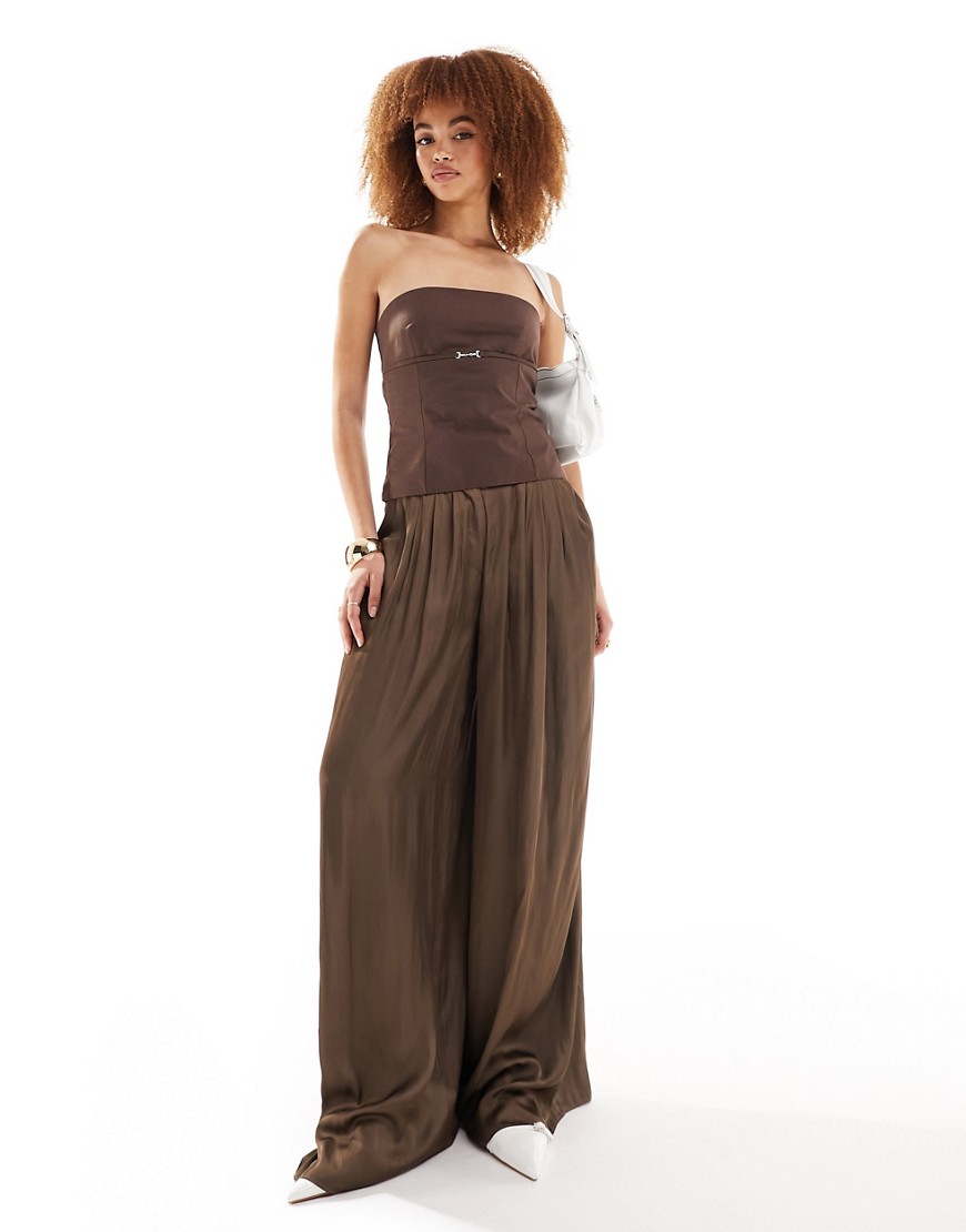 Lioness Satin Palazzo Pants In Brown