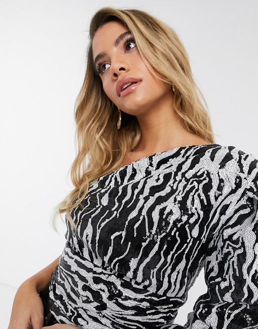 Lioness sequin one shoulder crop top in zebra print