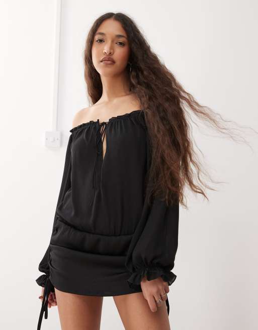 Lioness Sevigney bardot chiffon tie front ruched skirt mini dress in black