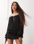 [Lioness] Lioness Sevigny bardot chiffon tie front ruched skirt mini dress in black L BLACK