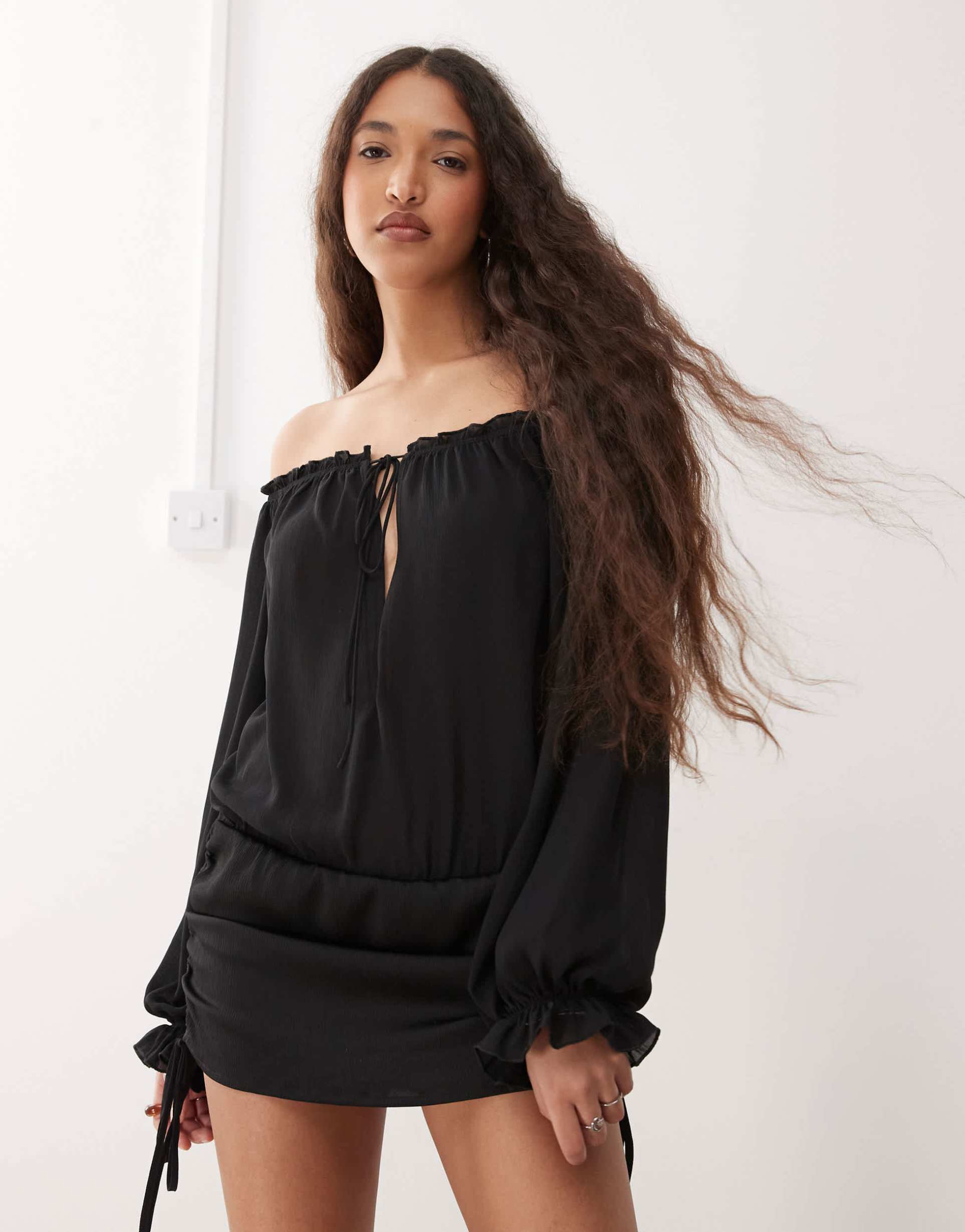 lioness sevigny bardot chiffon tie front ruched skirt mini dress in black