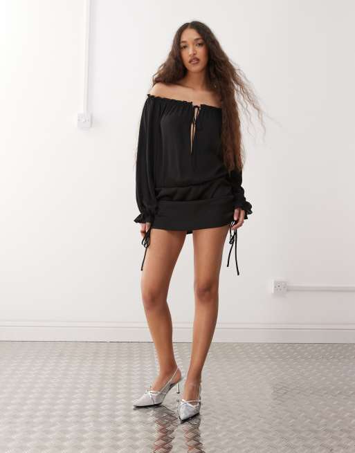 lioness ruched mini dress Lioness Sevigny bardot chiffon tie front ruched skirt mini dress in black