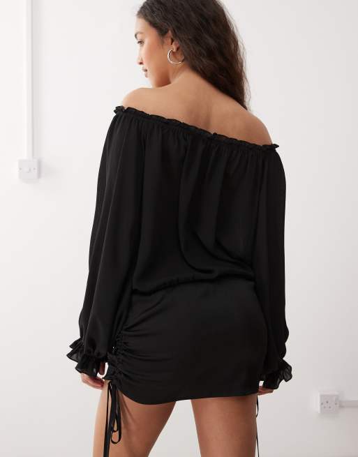 Lioness Sevigny bardot chiffon tie front ruched skirt mini dress in black, 3 of 4