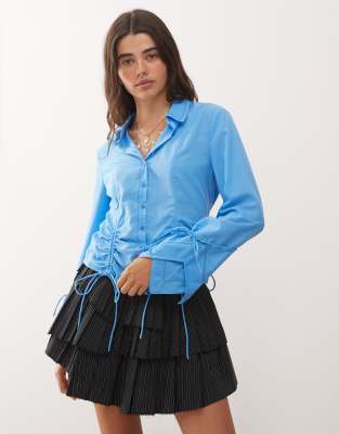 Lioness Society Ruched Bow Tie Detail Button Front Shirt In Blue