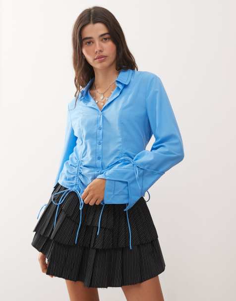 Lioness Society ruched bow tie detail button front shirt in sky blue - view 1