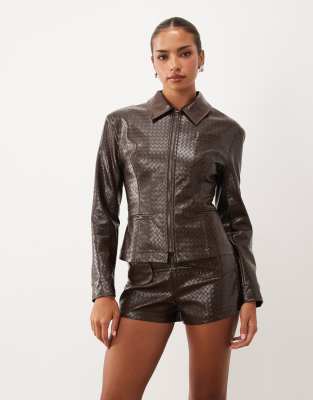 Lioness Soho Woven Faux Leather Collar Detail Fitted Jacket Co-ord In Brown