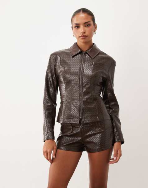 Lioness Soho woven faux-leather collar detail fitted jacket in chocolate (Part of a set) - view 1