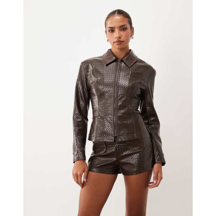 Lioness Soho woven faux leather collar detail fitted jacket in