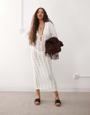 Lioness Soiree plunge neck keyhole detail crochet beach maxi dress in white