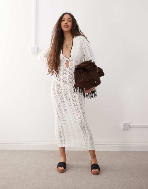 Lioness - Soirée - Robe de plage longue en maille crochetée avec fente goutte d'eau et décolleté plongeant - Blanc - view 1