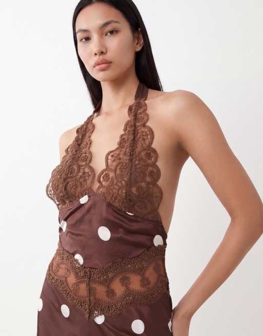 Lioness - Solana - Robe courte dos nu en satin à pois et empiècement transparent - Chocolat et crème, 3 de 4