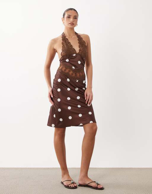 Lioness Solana sheer panel halterneck satin mini dress in chocolate and  cream polka dots | ASOS