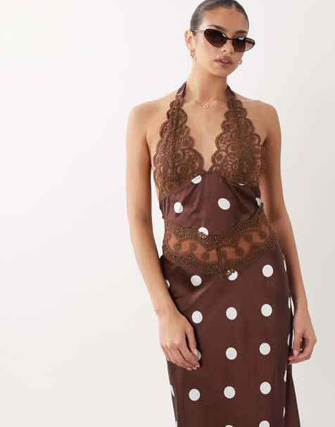 Lioness - Solana - Vestido corto marrón chocolate con estampado de lunares color crema, cuello halter y panel transparente de satén - view 1