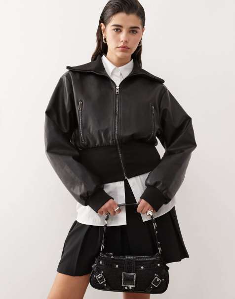 Lioness - Sort cropped bomber-jakke med elastisk kant i læderlook - view 1