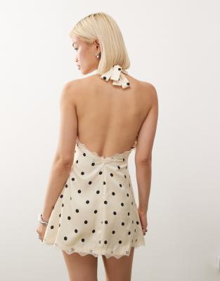Lioness Stars Align halter neck lace trim open back satin mini dress in  cream and black polka dots