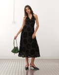 [Lioness] Lioness Stars Align halterneck lace trim open back devore dress in black rose print XXL BLACK