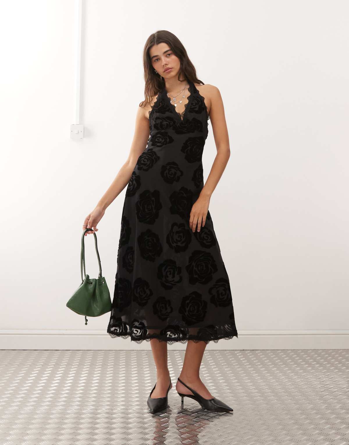Lioness Stars Align halterneck lace trim open back devore dress in black rose print