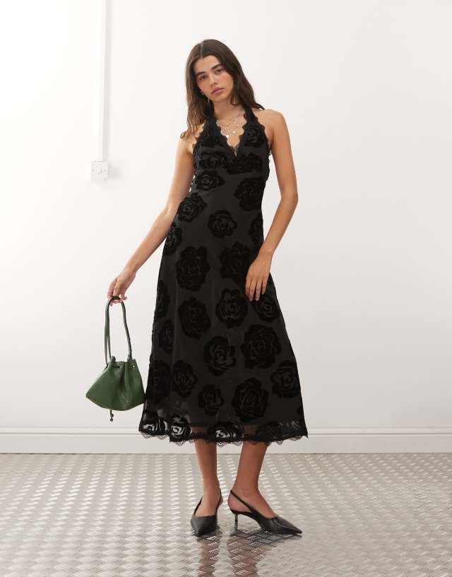 lioness black lace dress Stars Align halterneck trim open back devore in rose print creating collections that are dress_type_Cocktail Dresses FIAMMA – A & Color:Soft White/Black