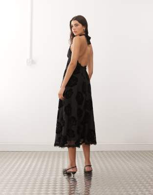 Lioness Stars Align Halterneck Lace Trim Open Back Devore Dress In Black