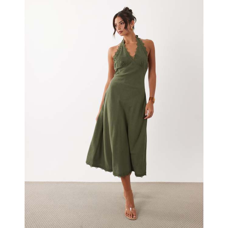 lioness halter neck back split midi dress in beige stripe SOLANA MIDI DRESS