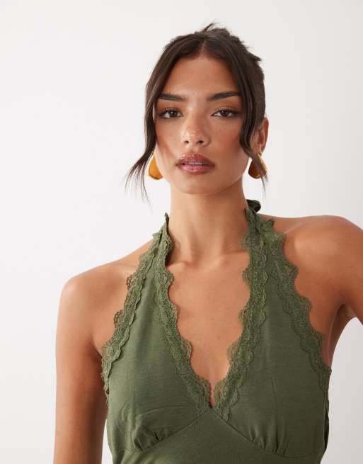 Lioness Stars Align linen rich halterneck lace trim low back midi dress in khaki, 2 of 4