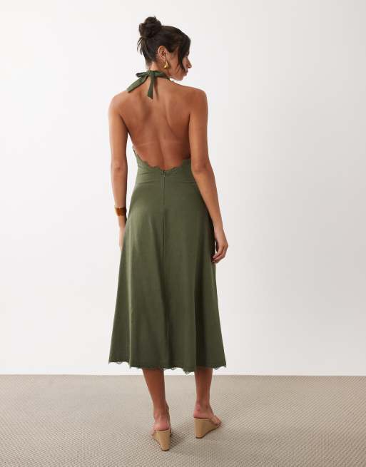 lioness halter neck back split midi dress in beige stripe LIONESS Solana Midi Dress Beige Plaid