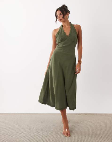 Lioness – Stars Align – Midikleid mit hohem Leinenanteil in Khaki, Neckholder, Spitzenborte und tiefem Rückenausschnitt - view 1