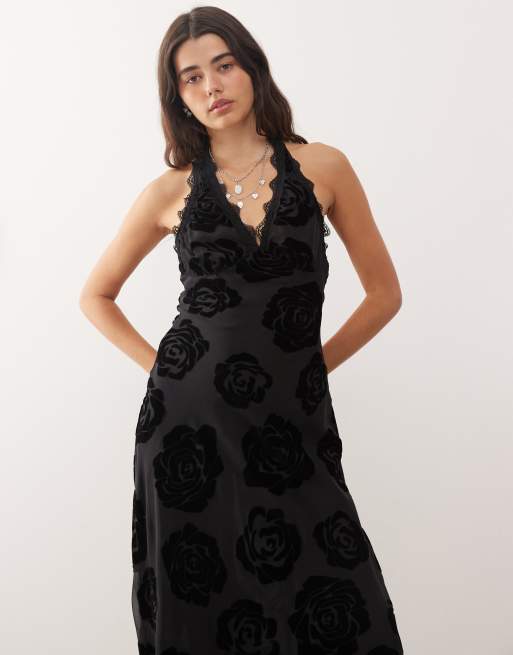 Lioness - Stars Align - Robe dos nu en dévoré à fleurs avec encolure américaine et bords en dentelle - Noir, 4 de 4