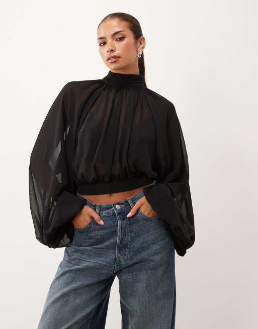 Lioness Suite Escape chiffon high neck balloon sleeve blouse in black, 2 of 4