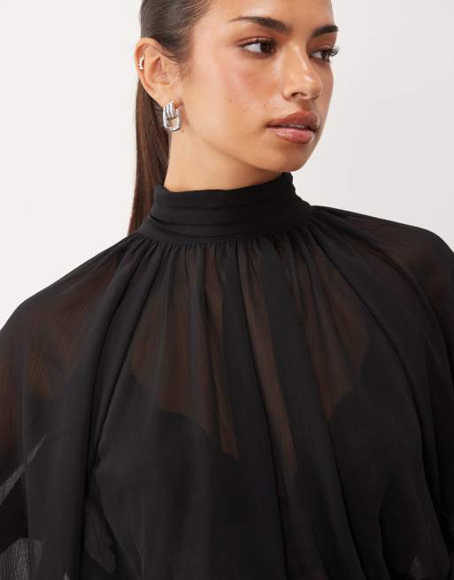 Lioness Suite Escape chiffon high neck balloon sleeve blouse in black, 3 of 4