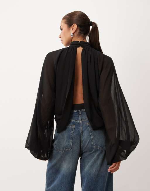 Lioness Suite Escape chiffon high neck balloon sleeve blouse in black, 4 of 4