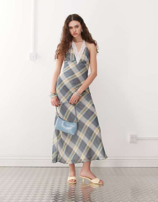 Lioness – Sukienka maxi z dekoltem halter wykończonym koronką i odkrytymi plecami w niebieską kratę vintage w stylu lat 90.