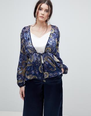 Lioness Summer Velvet Printed Sheer Wrap Front Top-Multi