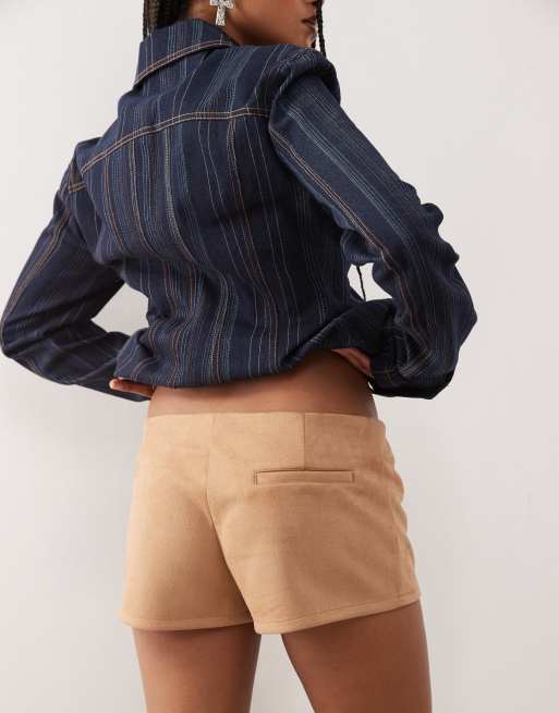 Lioness Sun Drenched faux suede low waisted micro shorts in camel