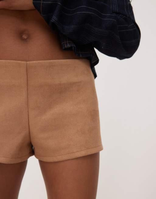 Lioness Sun Drenched faux suede low waisted micro shorts in camel