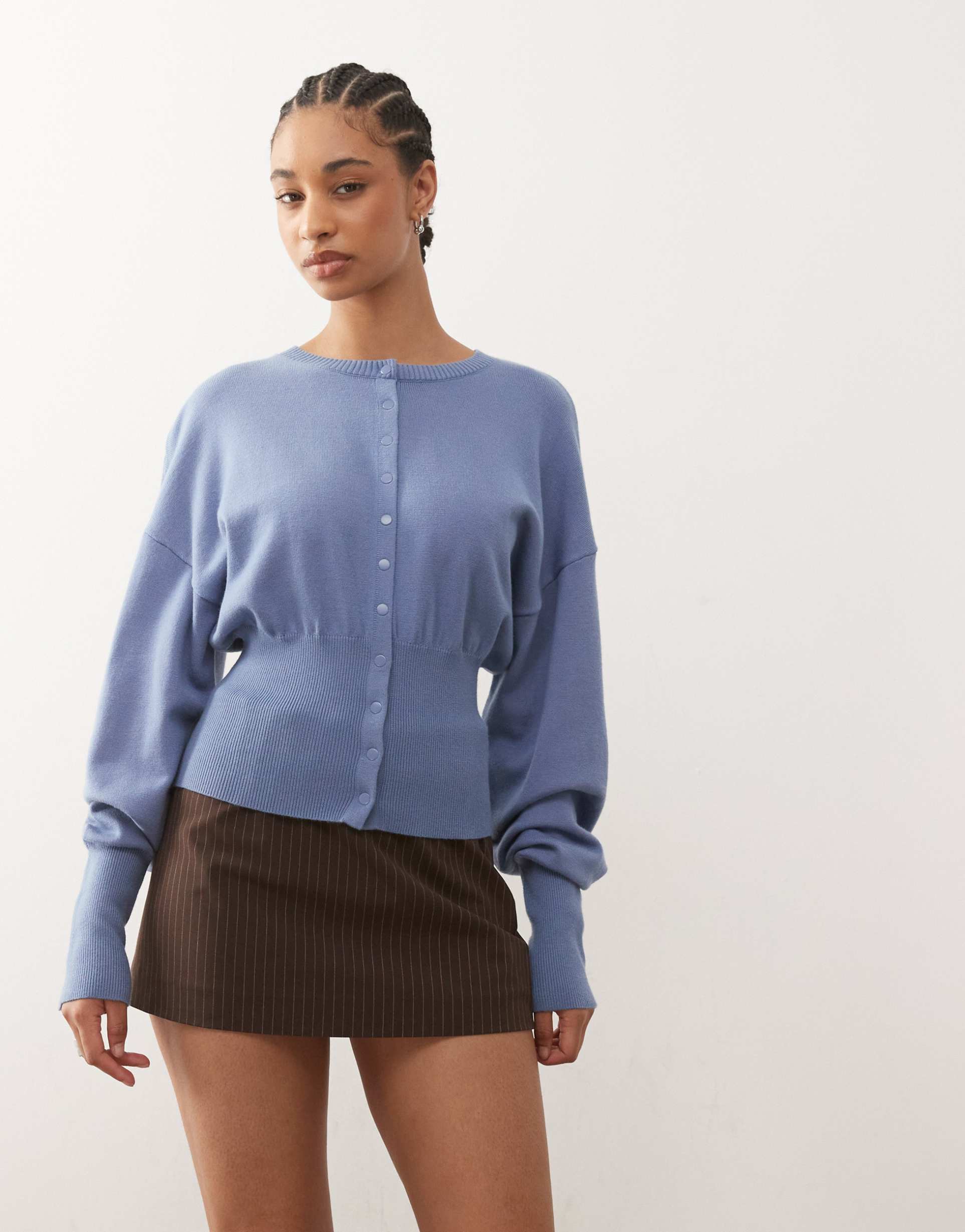 lioness sundown cinched waist dropped shoulders deep cuff cardigan in slate blue