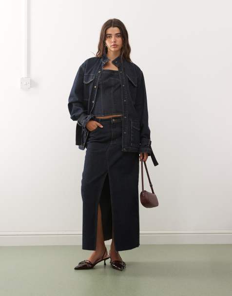 Lioness Super Sweet slit front denim maxi skirt and high neck cinched waist longline denim jacket set - view 1