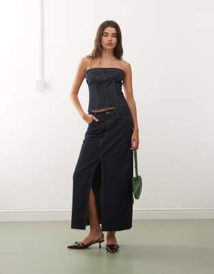 Lioness Super Sweet Slit Front Denim Maxi Skirt In Blue