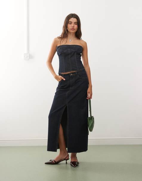 Lioness Super Sweet split front denim maxi skirt co-ord in indigo wash