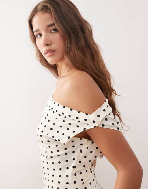 Lioness - Sweetheart - Robe courte en satin drapé à pois avec épaules dénudées - Crème, 3 de 4